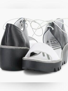Fly London Women's BILU Lace-up Wedge Sandals 42 11 11.5 Black White